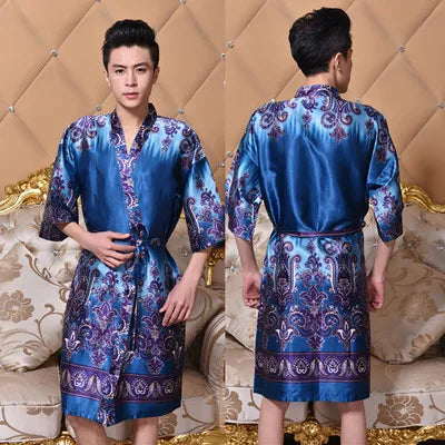 Peignoir kimono satin bleu