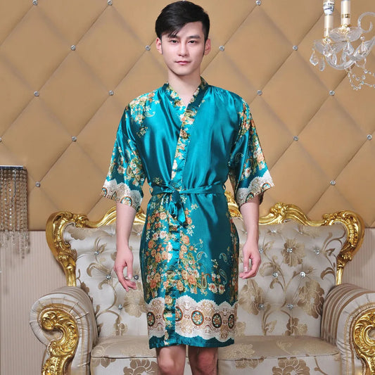 Peignoir kimono satin turquoise